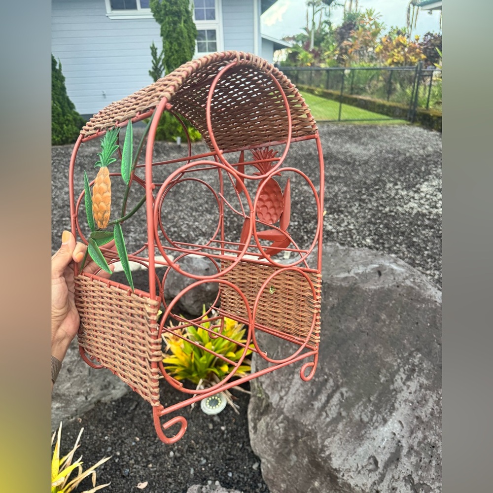 Vintage Pineapple Metal/Wicker Decor Set NWOT Wine Rack/Wall Hook Tropical Boho - Picture 11 of 13
